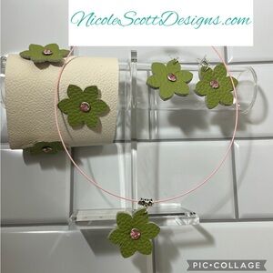 Pink & Green Flower Leather Jewelry Set